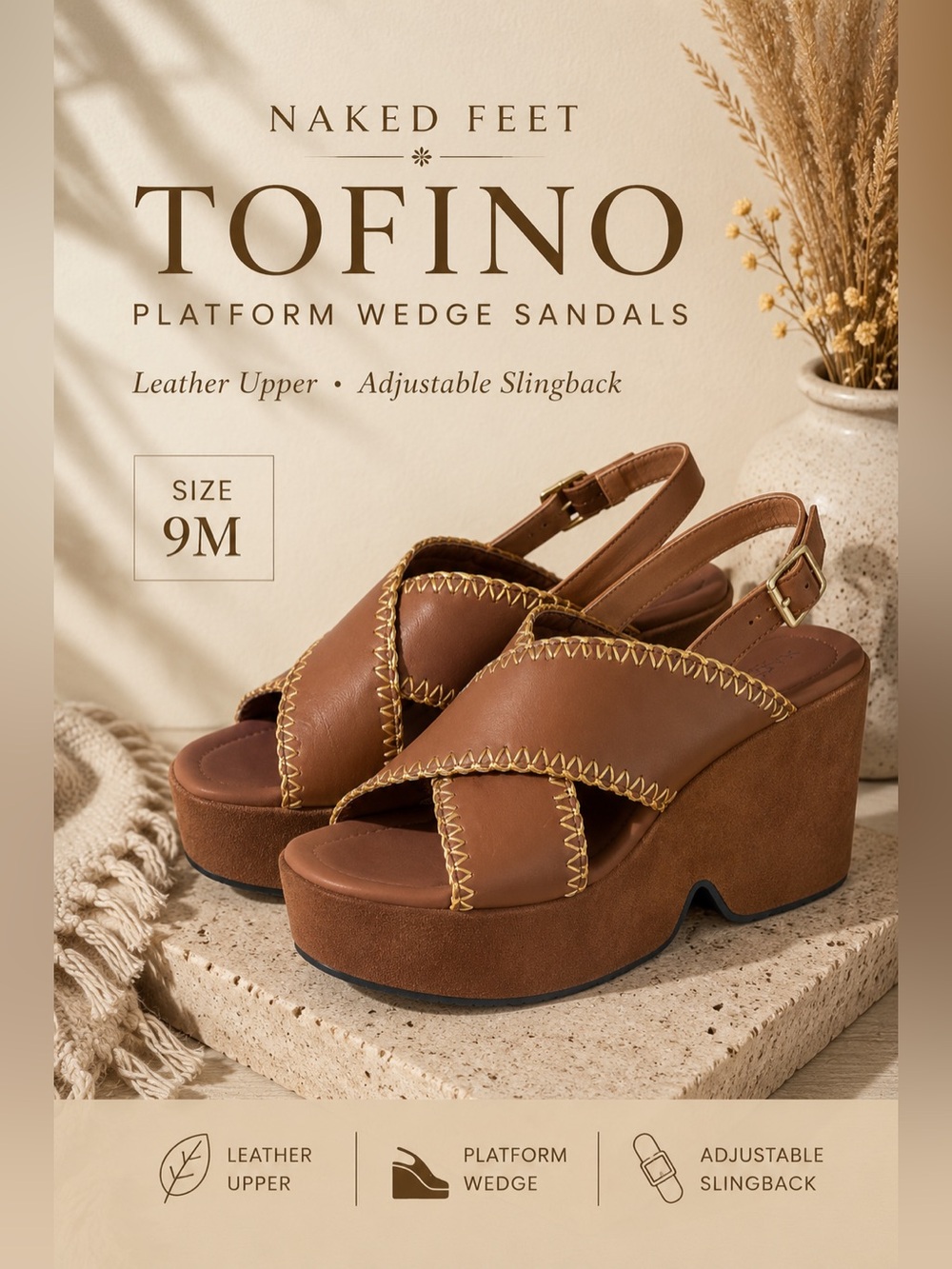 Naked Feet Tofino Leather Platform Wedge Slingback Sandals Brown Size 9